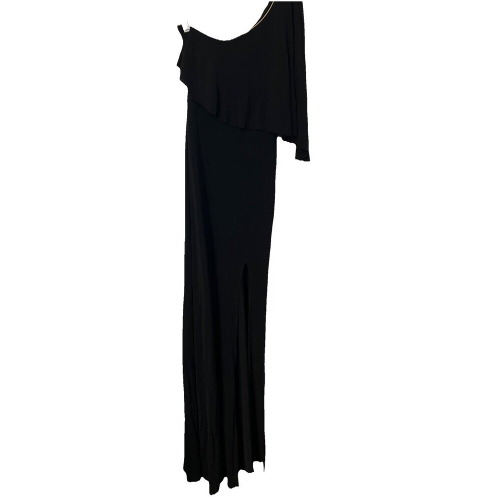 ABS by Allen Schwartz Black One Shoulder Ruffled Lace Side Slit Maxi Gown Sz M